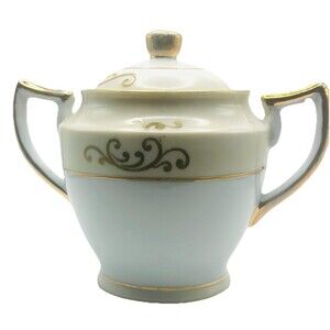 Vintage HANO Painted Japan Covered Sugar Bowl Gold Scroll Handles